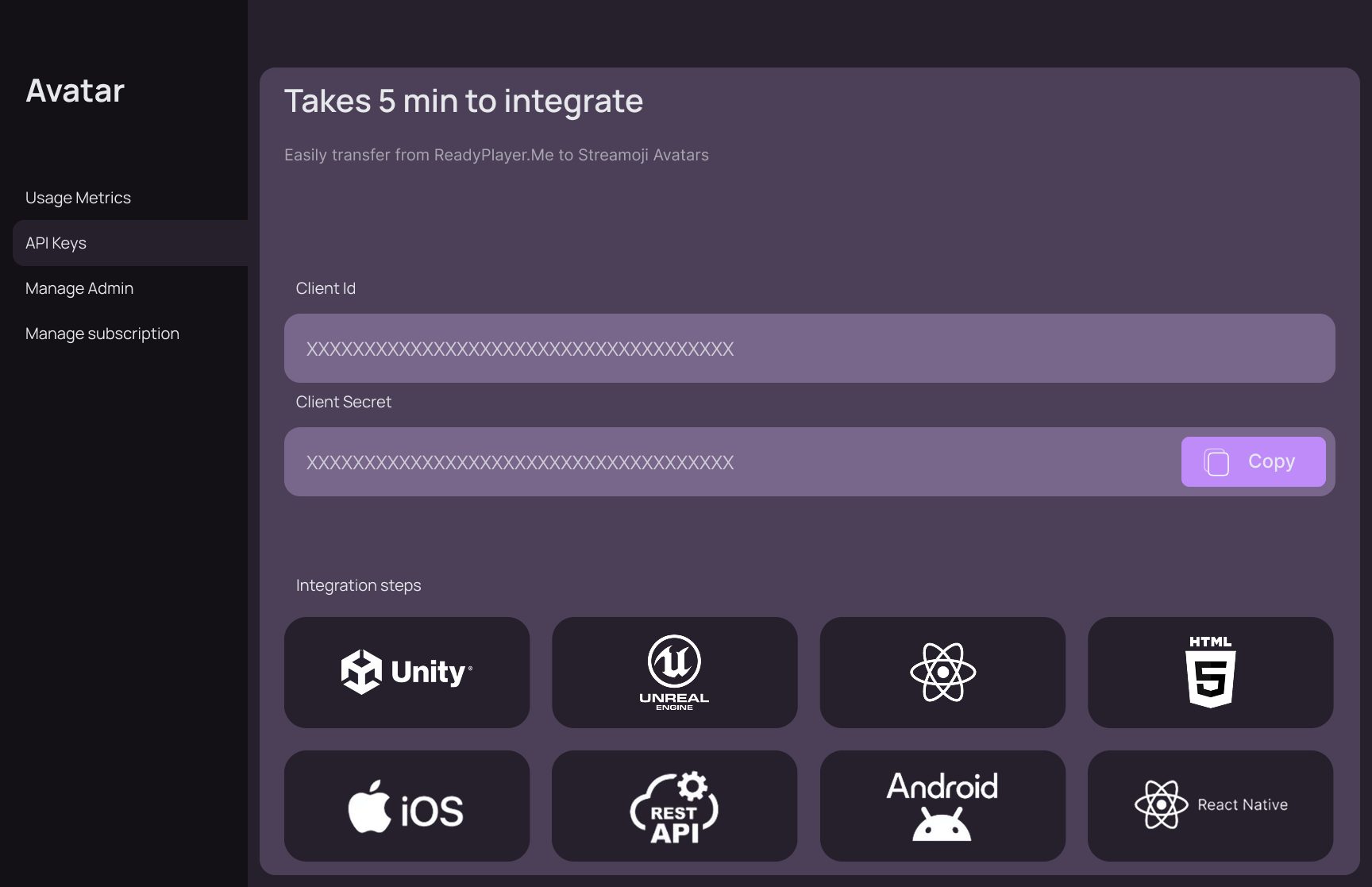 Streamoji Avatars Developer Console - API Keys